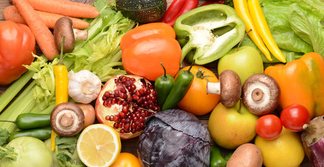 Assortment of fresh vegetables and fruits, top view