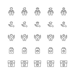 Donate and Charity line icons set.Helping hand, Volunteer help, donations and Care box. design vector