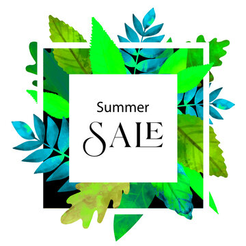 Frame Background With Green Blue Leaves With Text Summer Sale