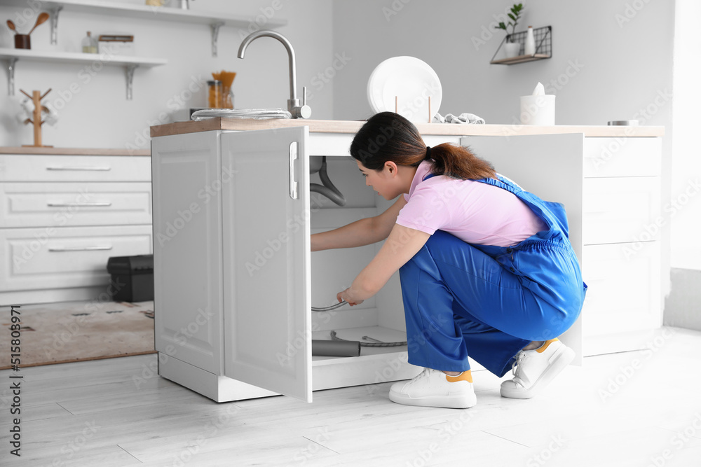 Poster Asian female plumber fixing sink in kitchen