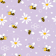 Daisy and bee seamless pattern. Flowers ,hearts, polka dots and cartoon bees on background. Vector. 