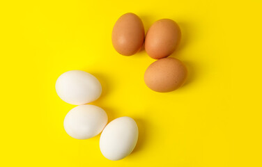 Different chicken eggs on color background. Concept of racism