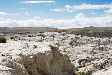 White desert in Altai Republic, named Moon. Nature environment background. Natural white texture of sandstone lunar landscape in Altai Mountains.
