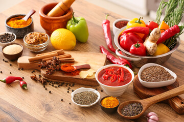Different spices and products on wooden table
