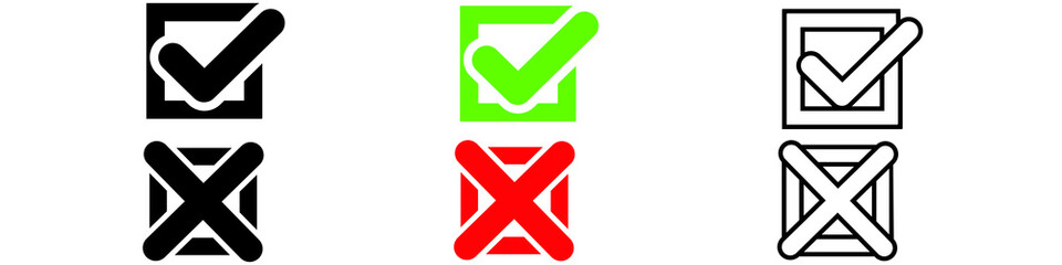 Obraz premium Tick and cross signs. Green checkmark OK and red X icon, Simple marks graphic design. Symbols YES and NO button for vote, Check box list icon. Check marks vector.