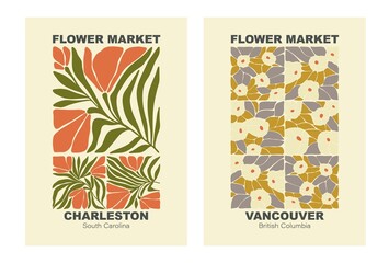 Abstract Botanical poster set, flowers and branches. Modern style. Flower Market poster concept template perfect for postcards, wall art, banner. Flower Garden.