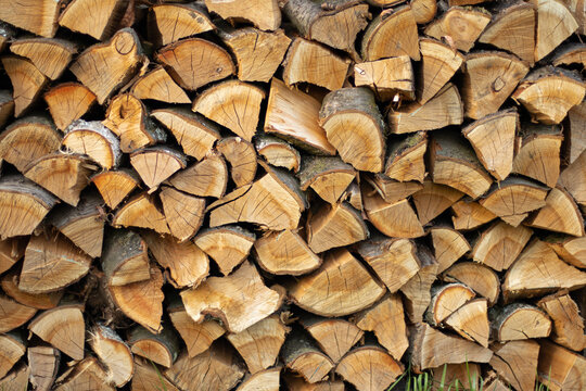 Firewood chopped and stacked in a firewood shed. Preparation for the winter heating in the stove. The concept of heat, heating, rubbing, bio, energy, expensive gas, switching to other raw materials.