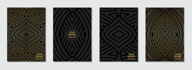 Set of vintage covers, vertical vector templates. Collection of black backgrounds with 3d geometric golden stripes pattern. Tribal ethnic motifs of the East, Asia, India, Mexico, Aztecs, Peru.