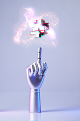 Mechanical robot arm or hand interacts with futuristic digital technologies.