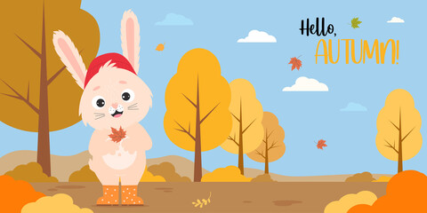 Autumn poster with cute hare in rubber boots and with an autumn leaf on background of an autumn landscape with trees. Horizontal Vector illustration with character rabbit - Hello autumn. For design