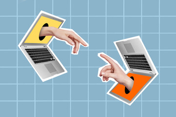 Composite collage image of two arms fingers reach touch each other two laptops displays isolated on checkered background