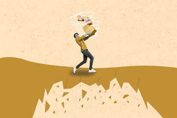 Creative collage image of worried guy black white colors arms hold pile stack boxes walk dangerous...