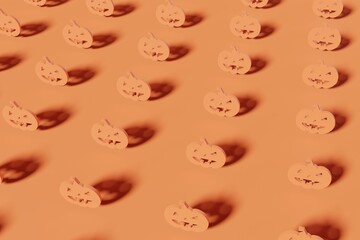3d render orange pumpkin faces on an orange background. Modern creative 3d Halloween illustration. Trendy Halloween 3d background