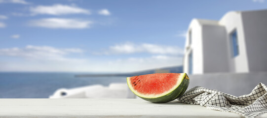 Fresh watermelon and white desk of free space 