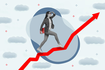 Composite collage picture of young girl black white gamma walk climb growing arrow look away far isolated on painted clouds background