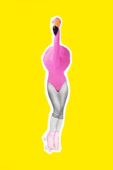 Gardinen Vertical collage portrait of slim girl legs black white gamma pink flamingo body wear rollerblades isolated on yellow background © deagreez