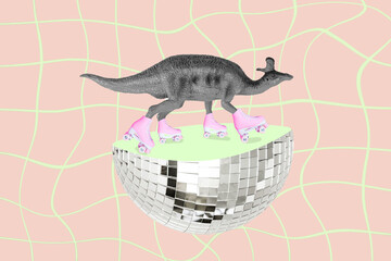 Creative retro 3d magazine image of funny funky dino riding rollers half disco ball isolated drawing background