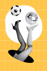 Collage 3d image of pinup pop retro sketch of girl sexy legs having various hobbies isolated...