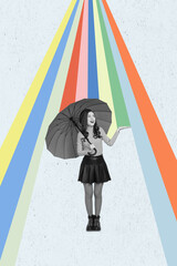 3d retro abstract creative artwork template collage of lady walking under umbrella enjoying rainy weather isolated drawing background