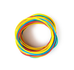 Stack of colorful rubber bands on white background