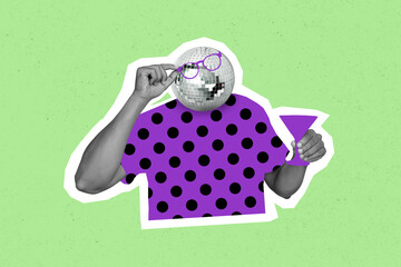Photo artwork minimal picture of guy disco ball instead of head eyeglasses holding wine glass...