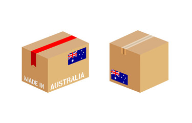 box with Australia flag icon set, cardboard delivery package made in Australia