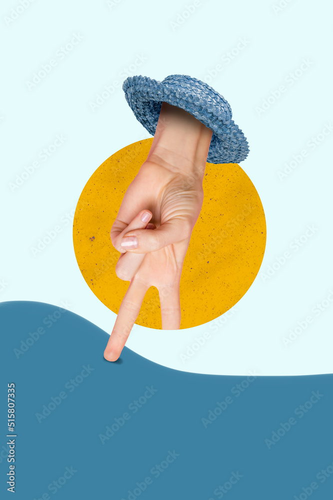 Wall mural vertical collage image of human hand upside down demonstrate v-sign symbol wear straw sunhat isolate