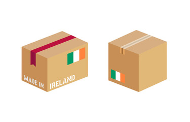box with Ireland flag icon set, cardboard delivery package made in Ireland