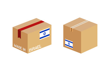 box with Israel flag icon set, cardboard delivery package made in Israel
