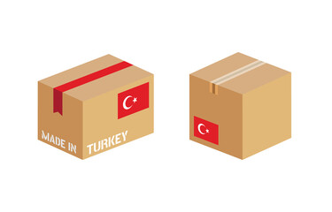 box with Turkey flag icon set, cardboard delivery package made in Turkey