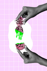 Photo artwork minimal picture of arms open radioactive neon fruit isolated drawing pink background