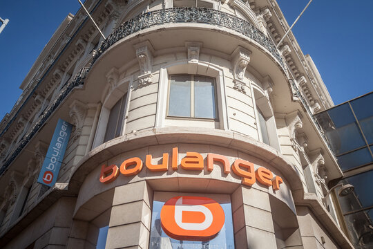 LYON, FRANCE - JULY 13, 2019: Boulanger Logo in front of their shop for Lyon. Boulanger is a French chain of electronics, technology and appliances retailer from France.