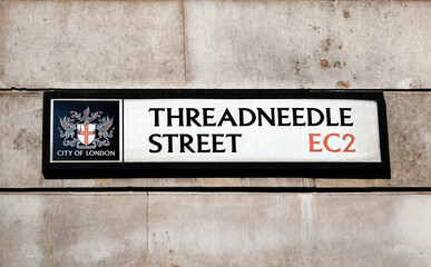 Threadneedle Street sign on the wall in London EC2.