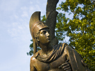 Sculpture of warrior with sword in Alexandria Park in Belaya Tserkov, Ukraine