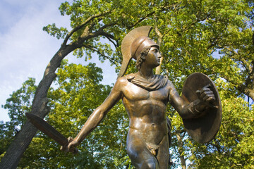 Sculpture of warrior with sword in Alexandria Park in Belaya Tserkov, Ukraine