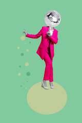 Vertical collage picture of excited carefree girl dancing huge disco ball instead head isolated on painted background - obrazy, fototapety, plakaty