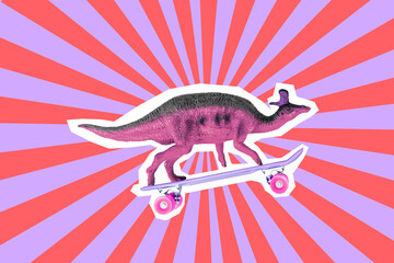 Photo artwork minimal picture of funny dinosaur riding penny board isolated red pink neon drawing...