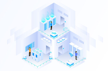 data center or server room processing data operation with security protection and maintenance with isometric design style - vector	

