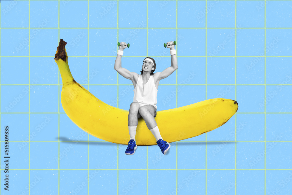 Poster composite collage picture of small sporty guy black white gamma sitting huge banana lifting dumbbell