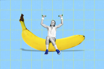 Composite collage picture of small sporty guy black white gamma sitting huge banana lifting...