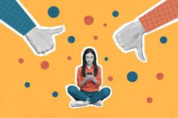 Artwork magazine picture of busy lady typing modern device thinking people feedback isolated panting background