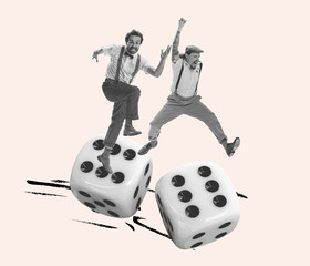 Contemporary art collage. Two stylish men jumping over playing dice isolated on beige background....