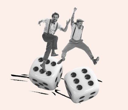Contemporary art collage. Two stylish men jumping over playing dice isolated on beige background. Life is a game