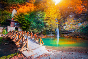 Erfelek Tatlica Waterfalls. Water mill and Wooden Bridge. It is one of the most important waterfalls in Turkey. Near the city of Sinop.
