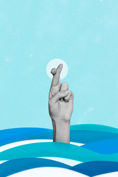 Vertical creative collage picture of human arm black white effect drowning painted water demonstrate crossed fingers gesture