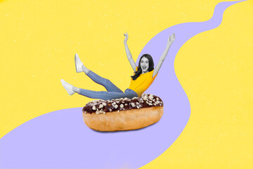 Creative collage image of positive excited girl sitting huge donut ride have fun isolated on drawing background