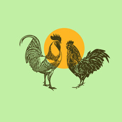 Rooster Cockerel Animals Village Life with Sun Drawing Logo Illustration Design Art