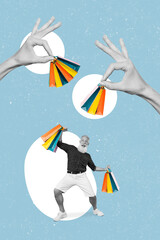 Creative 3d photo artwork graphics painting of big palms holding bargains giving mini man isolated blue color background