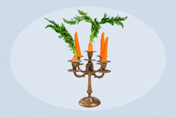 Artwork magazine picture of orange carrots standing instead of candles in candelabrum isolated...