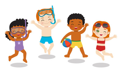 Happy jumping children in beach holiday swimwear. Flat vector cartoon design